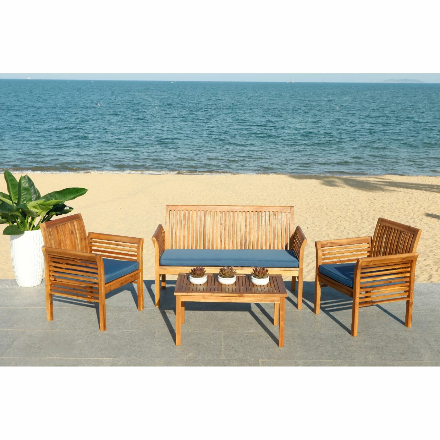 Best reviews of β Wood Patio Sets Safavieh Carson Acacia Wood 4 Piece Patio Conversation Set β - Image 4