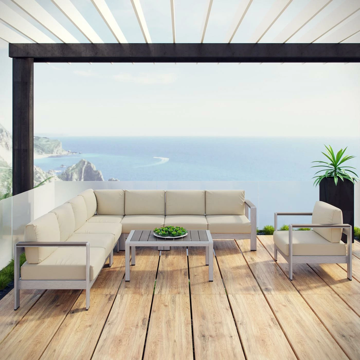 Buy ๐ Aluminum Patio Sets Modway Shore Aluminum 7 Piece Patio Sectional Sofa Set ๐งจ - Image 8