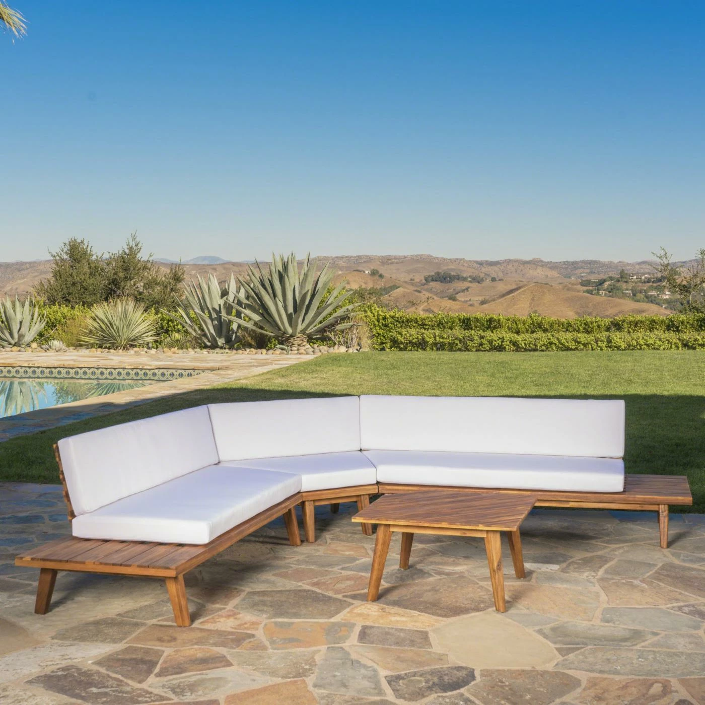 Best Pirce 🤩 Wood Patio Sets HN Outdoor Cullen Wood V Shaped 4 Piece Patio Conversation Set 🔥 - Image 10