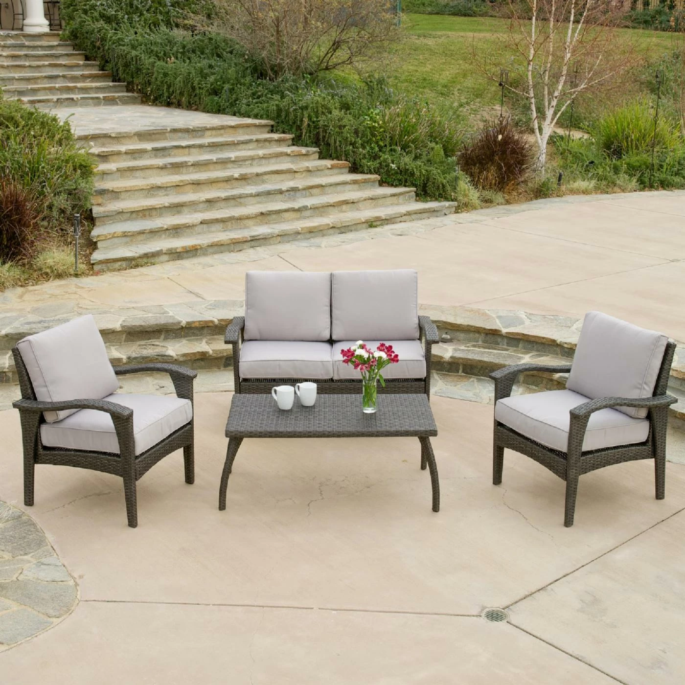 Outlet βοΈ Resin Wicker Patio Sets HN Outdoor Camarillo Wicker 4 Piece Patio Conversation Set - Grey π - Image 2