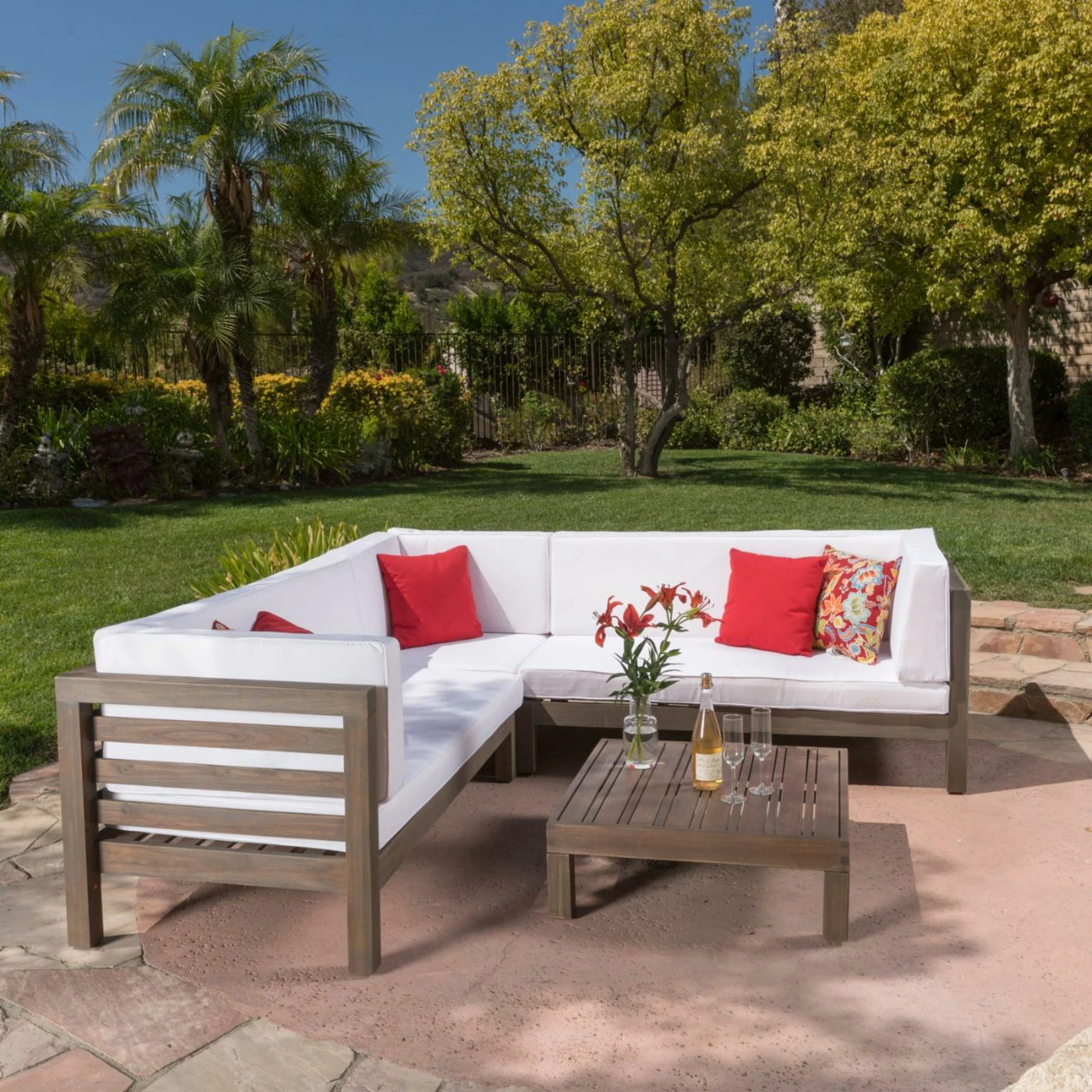 Flash Sale ๐ Wood Patio Sets HN Outdoor Murrieta 4 Piece Wooden Patio Sectional Set With Cushions ๐ - Image 2