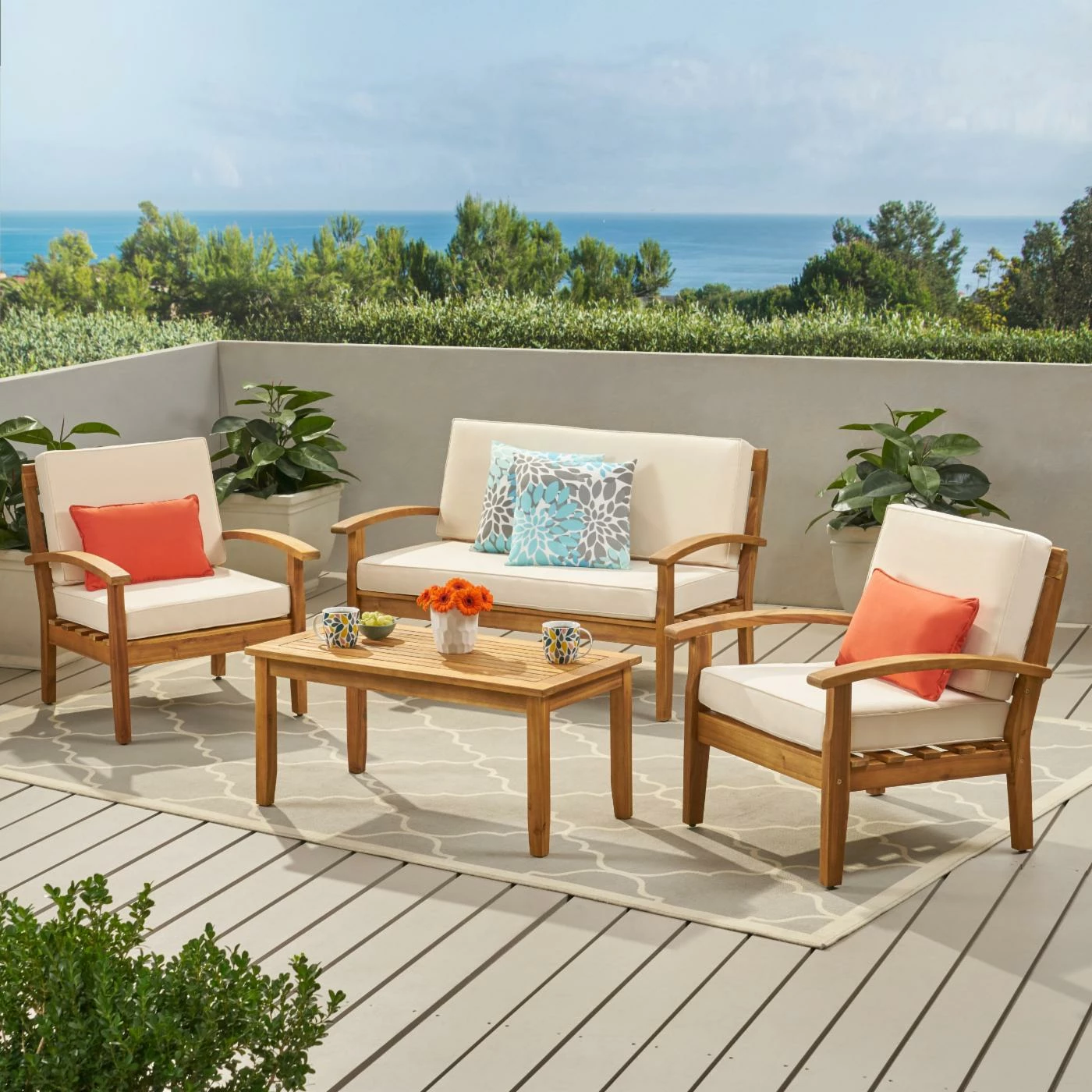 Promo โ Wood Patio Sets HN Outdoor Brentwood 4 Piece Wooden Patio Chat Set With Cushions ๐งจ - Image 2