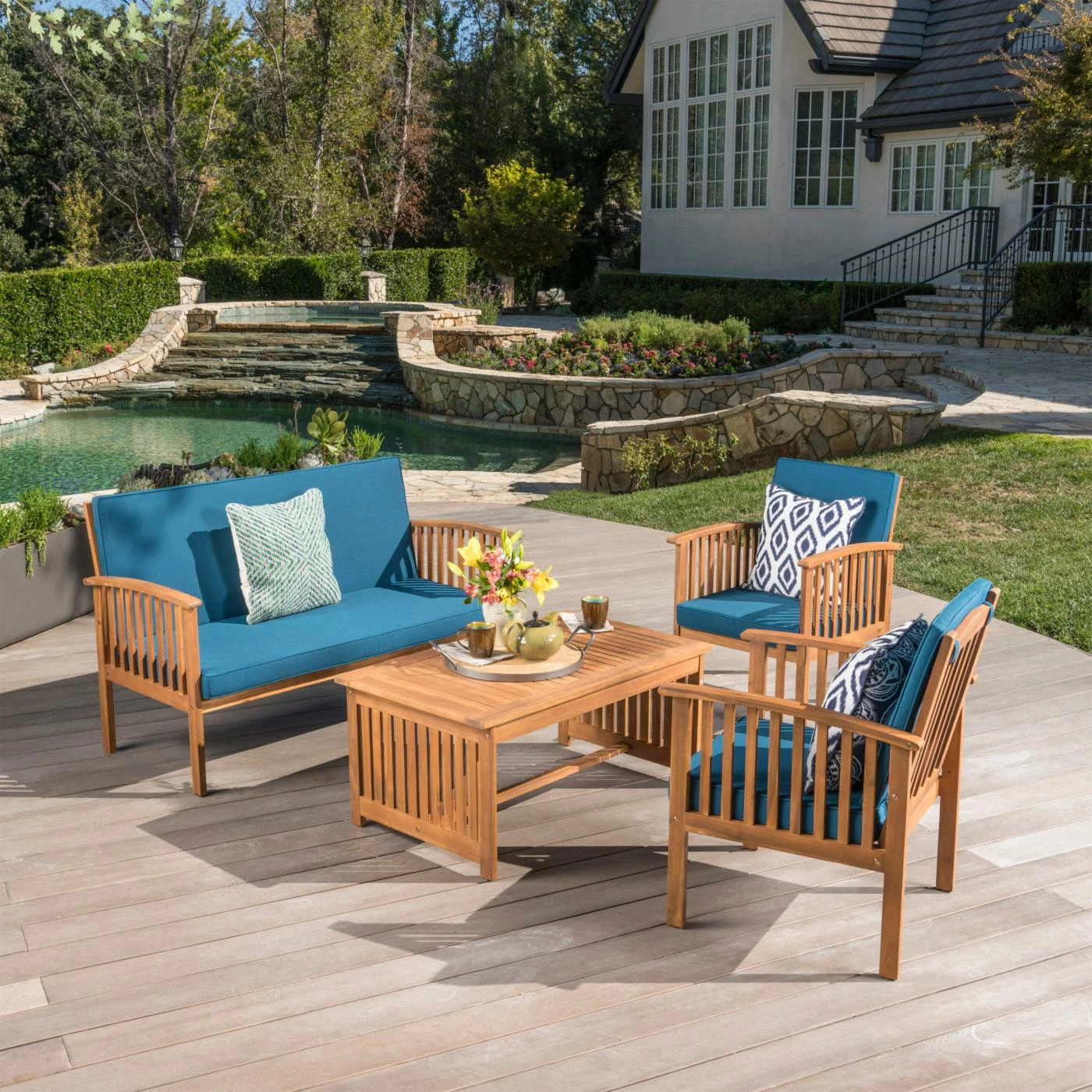 Buy ๐ Wood Patio Sets HN Outdoor Adelanto Acacia Wood 4 Piece Patio Conversation Set โญ - Image 2