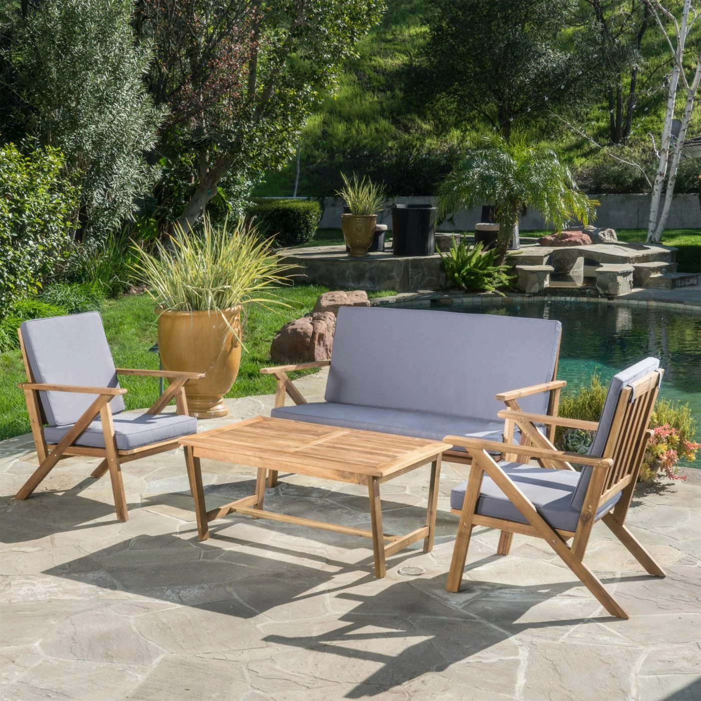 Buy ๐ Best Selling Home Wood Patio Sets Panama Acacia Wood 4 Piece Patio Conversation Set โ๏ธ - Image 2