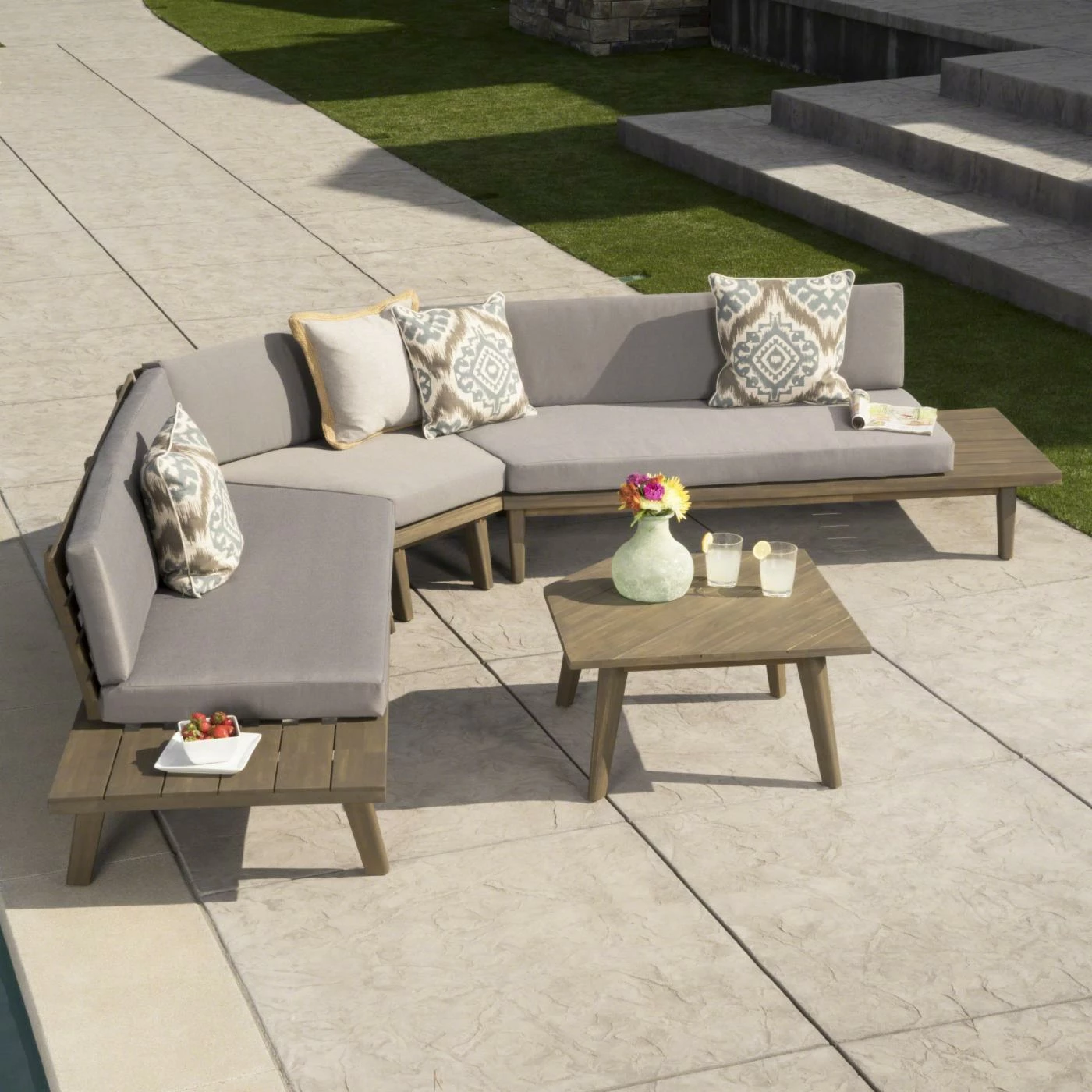 Best Pirce 🤩 Wood Patio Sets HN Outdoor Cullen Wood V Shaped 4 Piece Patio Conversation Set 🔥 - Image 2