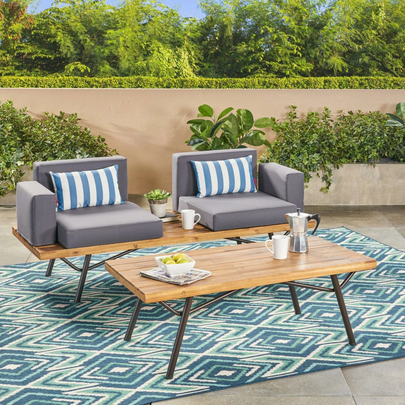 Discount ⭐ Best Selling Home Decor Wood Patio Sets Allyson Outdoor Acacia Wood 2 Seater Sofa And Table Set With Cushions 😍 - Image 2