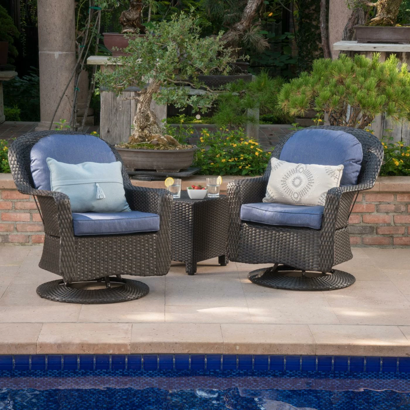 Best deal 🛒 Best Selling Home Decor Resin Wicker Patio Sets Gabrael Outdoor Wicker 2 Seater Swivel Chat Set With Cushions - Dark Brown And Navy Blue 🤩 - Image 2
