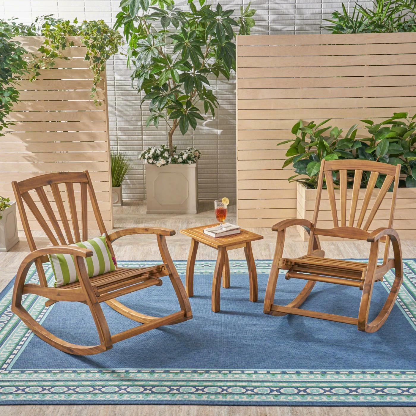 Budget ๐ฏ Best Selling Home Decor Wood Patio Sets Breccan Outdoor Acacia Wood 2 Piece Recliner Rocking Chair Chat Set - Teak โ๏ธ - Image 2