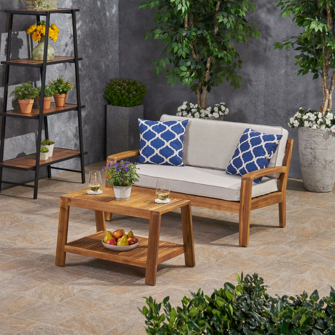 Best Pirce β¨ Best Selling Home Decor Wood Patio Sets Siyan Outdoor Acacia Wood Loveseat And Coffee Table Set - Teak And Silver Sunbrella π - Image 2