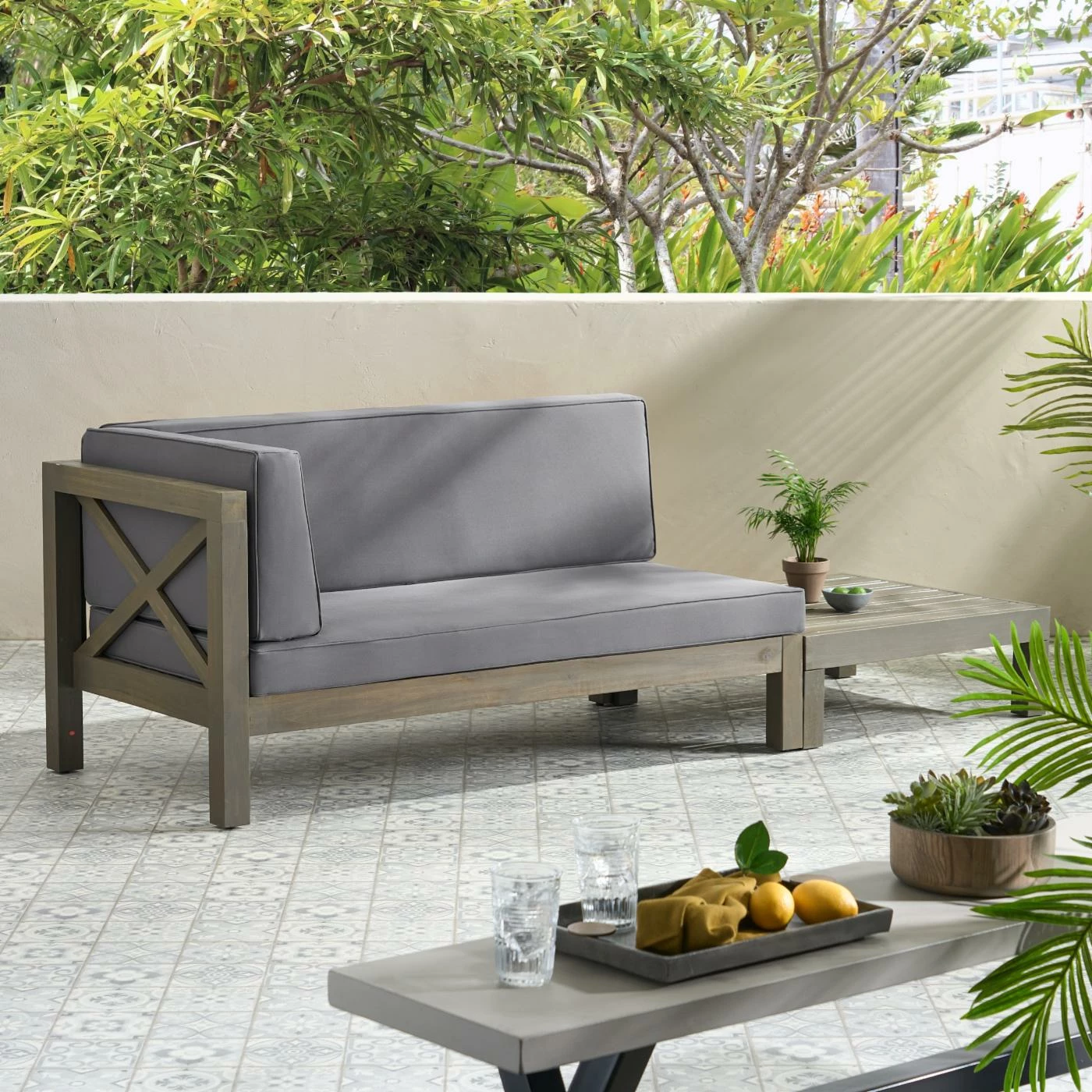 Hot Sale ❤️ Best Selling Home Decor Wood Patio Sets Riti Quimby Outdoor Acacia Wood Left Arm Loveseat And Coffee Table Set With Cushion - Gray And Dark Gray 🔔 - Image 2