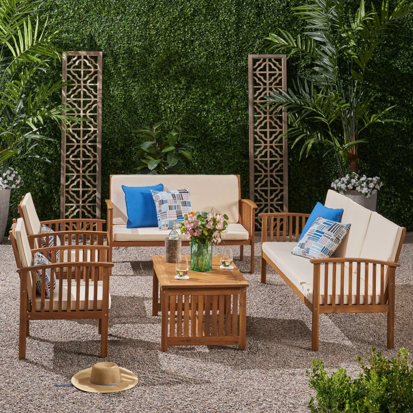New ๐ Best Selling Home Decor Wood Patio Sets Safari Outdoor Acacia Wood 7 Seater Sofa Chat Set With Cushions - Teak And Cream ๐งจ - Image 2