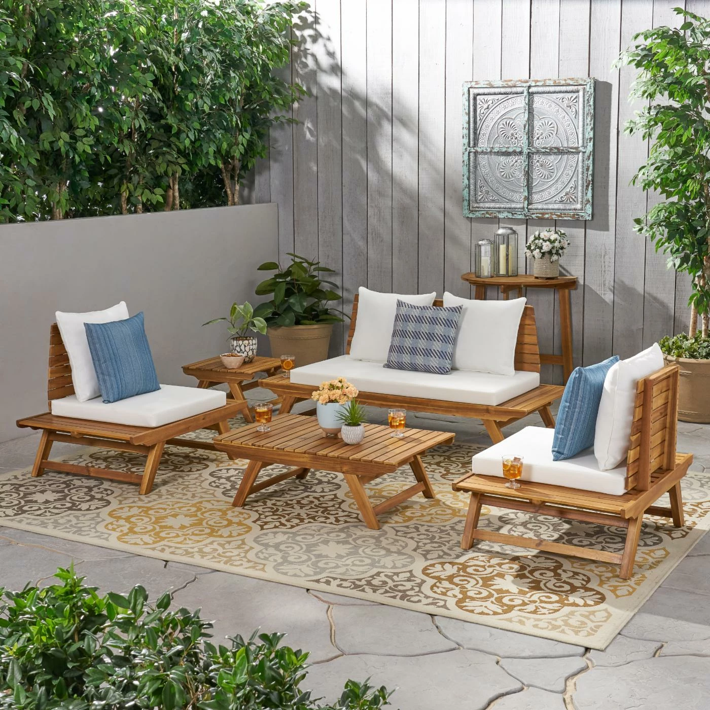 Best deal ๐ Best Selling Home Decor Wood Patio Sets Jood Outdoor Acacia Wood 4 Seater Chat Set And Side Table - Teak And White ๐ - Image 2