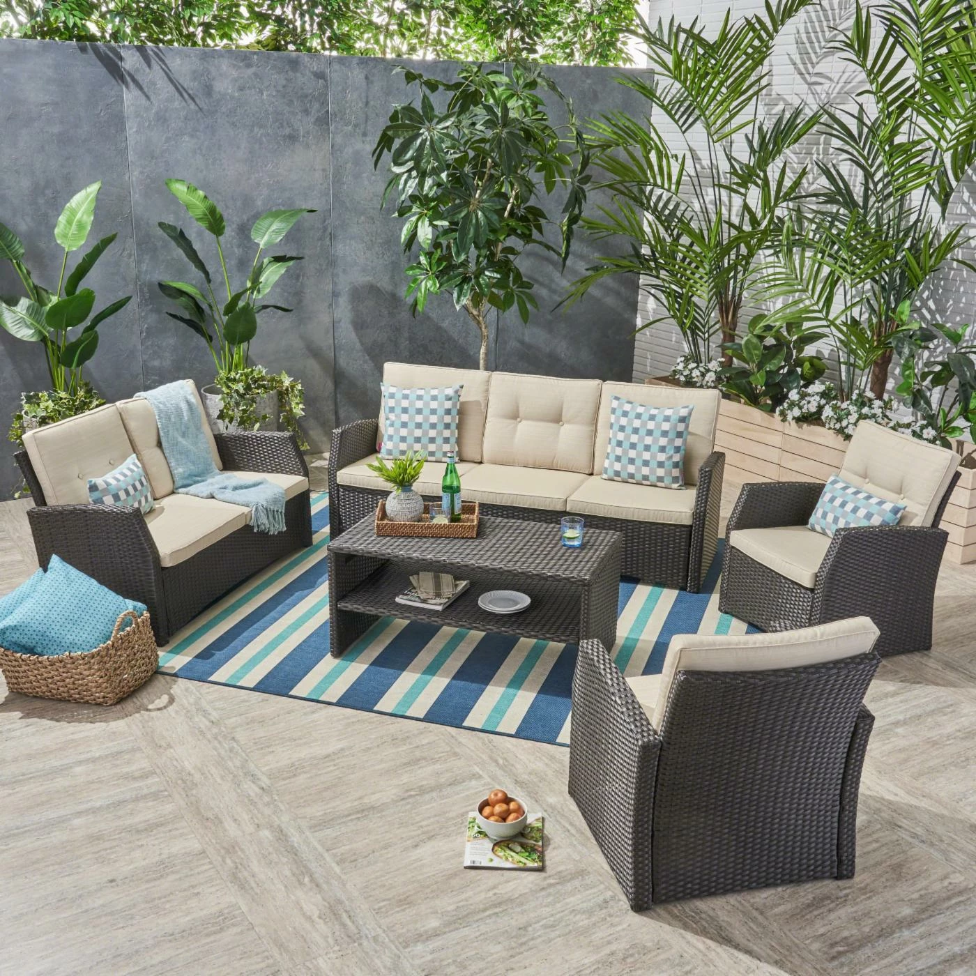 Discount โค๏ธ Best Selling Home Decor Resin Wicker Patio Sets Caelyn Outdoor Wicker 7 Seater Chat Set With Tufted Cushions - Beige And Dark Brown ๐ - Image 2
