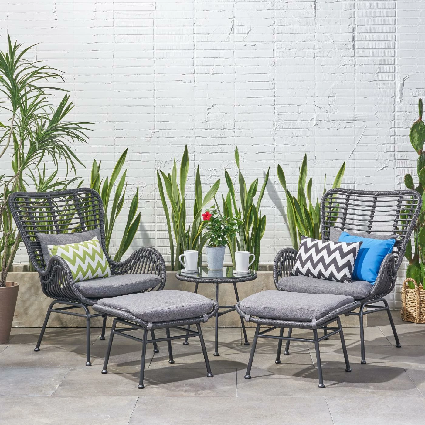New ๐ Best Selling Home Decor Resin Wicker Patio Sets Aleisa Outdoor Wicker And Glass 5 Piece Chat Set With Ottomans - Gray - Dark Gray - And Black ๐ - Image 2