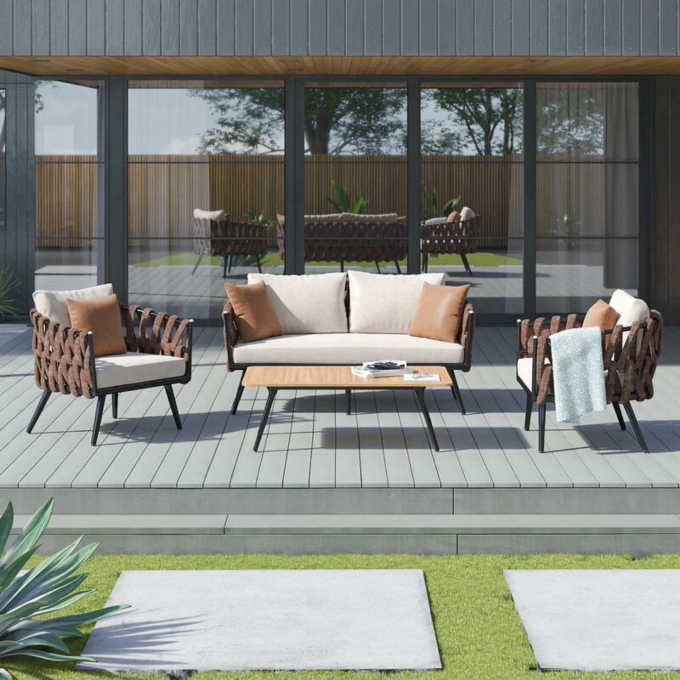 Best Pirce ๐ Steel Patio Sets Manhattan Comfort Crown 4-Piece Metal Patio Conversation Set With Brown And White Cushions ๐คฉ - Image 2