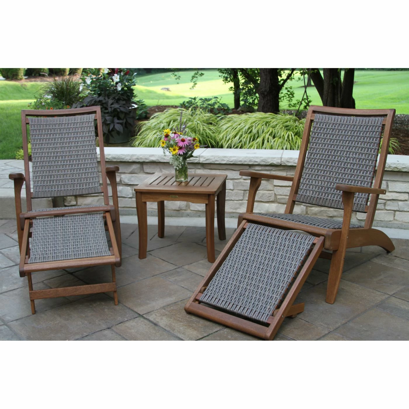 Buy ๐ Resin Wicker Patio Sets Vineyard 3 Piece Eucalyptus And Resin Wicker Outdoor Lounger With Extension Ottoman And Square Accent Table Conversation Set โ - Image 2
