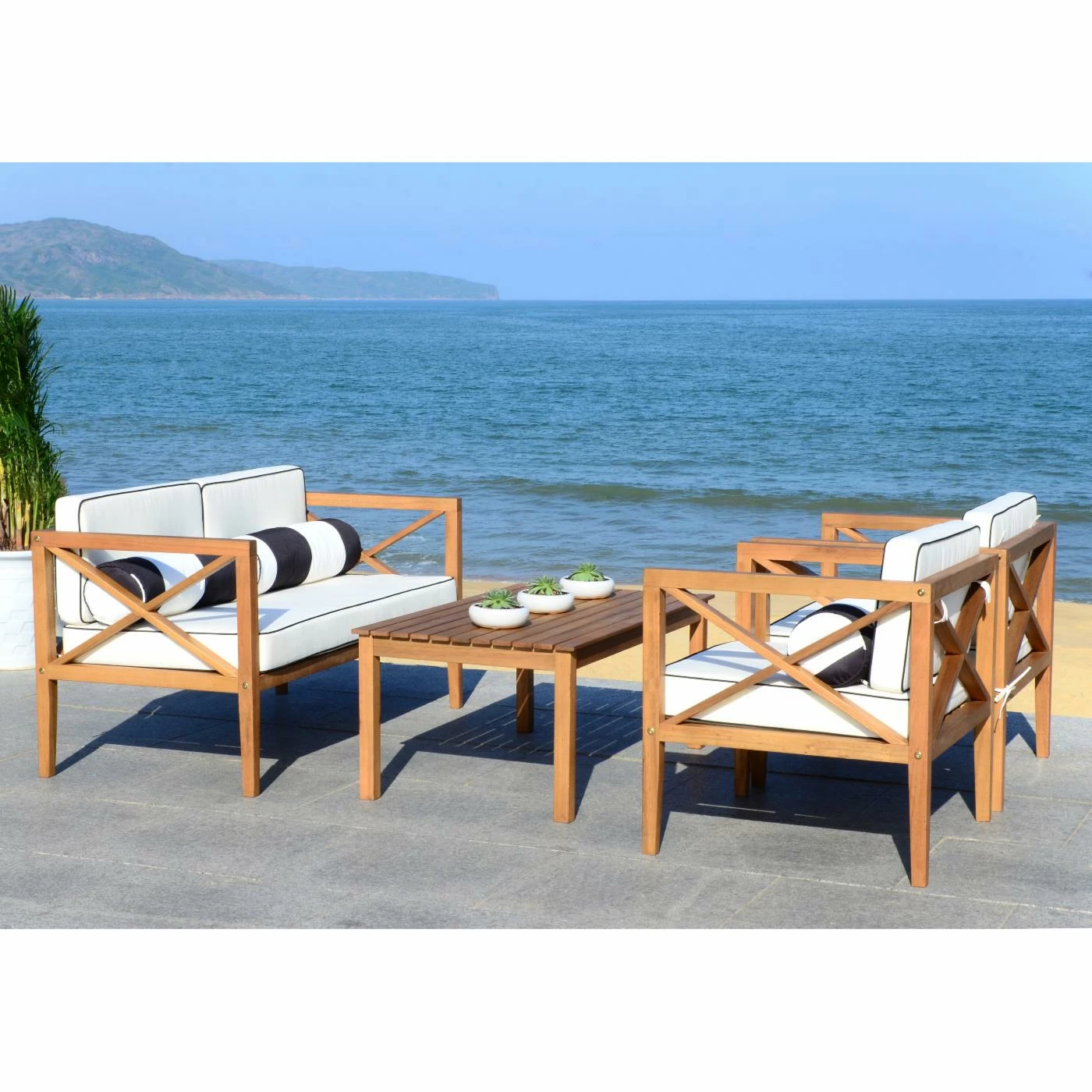 Best Pirce ๐ฅฐ Teak Patio Sets Safavieh Nunzio Eucalyptus Wood 4-Piece Conversation Set With Accent Pillows ๐ - Image 2