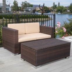 Discount 🌟 Best Selling Home Resin Wicker Patio Sets Seychelles Loveseat And Table Set 😀