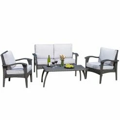 Outlet ✔️ Resin Wicker Patio Sets HN Outdoor Camarillo Wicker 4 Piece Patio Conversation Set - Grey 👍