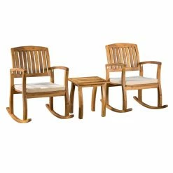 Hot Sale ๐ Best Selling Home Decor Wood Patio Sets Elyas Outdoor Acacia Wood 3-Piece Rocking Chair Chat Set ๐