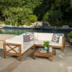 Brand new โ๏ธ Best Selling Home Wood Patio Sets Josefina 4 Piece X-Back Wooden Patio Sectional Set With Cushions ๐