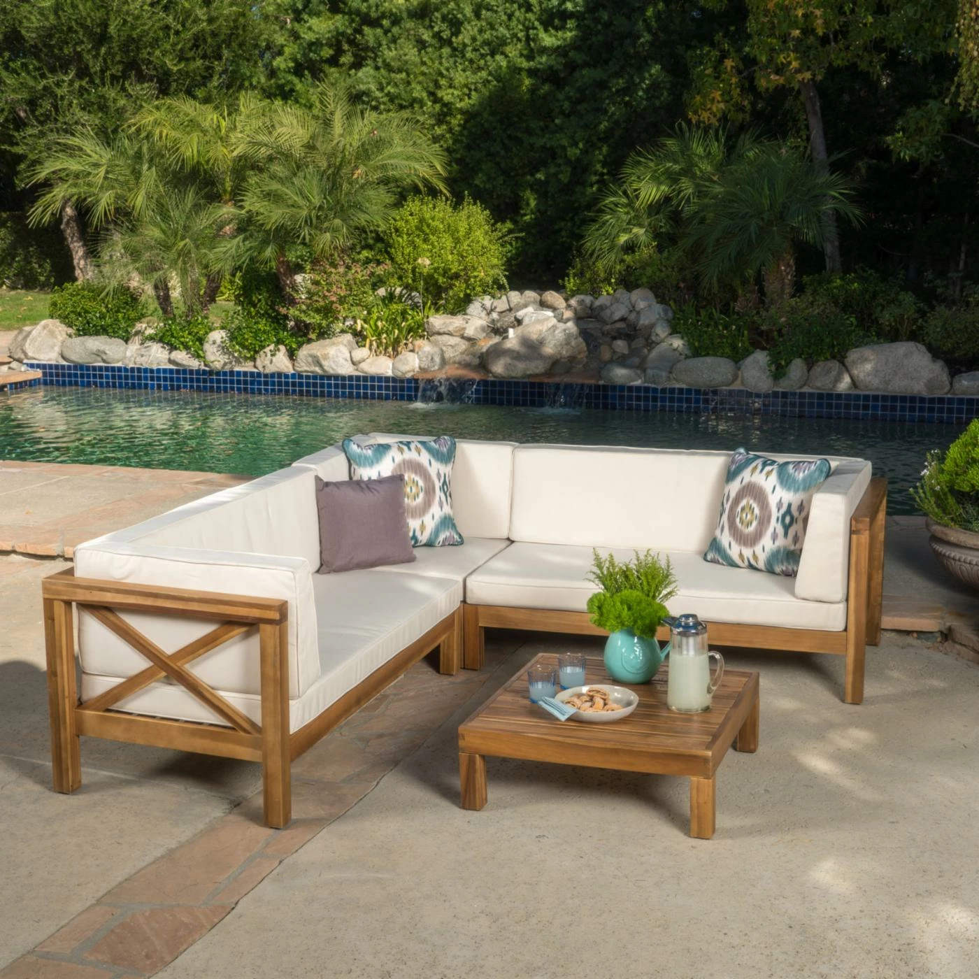 Brand new ✔️ Best Selling Home Wood Patio Sets Josefina 4 Piece X-Back Wooden Patio Sectional Set With Cushions 😉