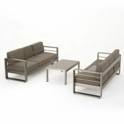 Cheap 🥰 Best Selling Home Decor Aluminum Patio Sets Xane Outdoor Aluminum 6 Seater Sofa Chat Set With Cushions - Silver And Khaki 🧨