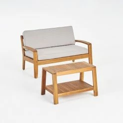 Best Pirce ✨ Best Selling Home Decor Wood Patio Sets Siyan Outdoor Acacia Wood Loveseat And Coffee Table Set - Teak And Silver Sunbrella 👍