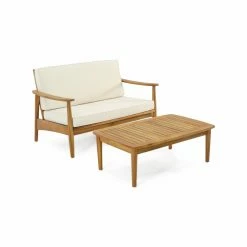 Cheapest ✔️ Best Selling Home Decor Wood Patio Sets Pedro Outdoor Acacia Wood Loveseat Set With Coffee Table - Teak And Beige ⌛