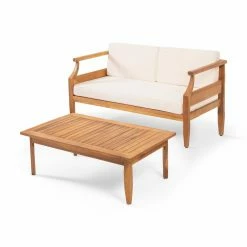 Discount ๐ Best Selling Home Decor Wood Patio Sets Markeese Outdoor Mid-Century Modern Acacia Wood Loveseat Set - Teak And Cream ๐ฅฐ