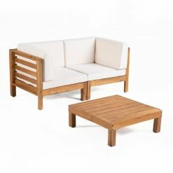 Discount ๐ฅ Best Selling Home Decor Wood Patio Sets Athos Outdoor Modular Acacia Wood Loveseat And Table Set - Teak And Beige ๐ฅฐ