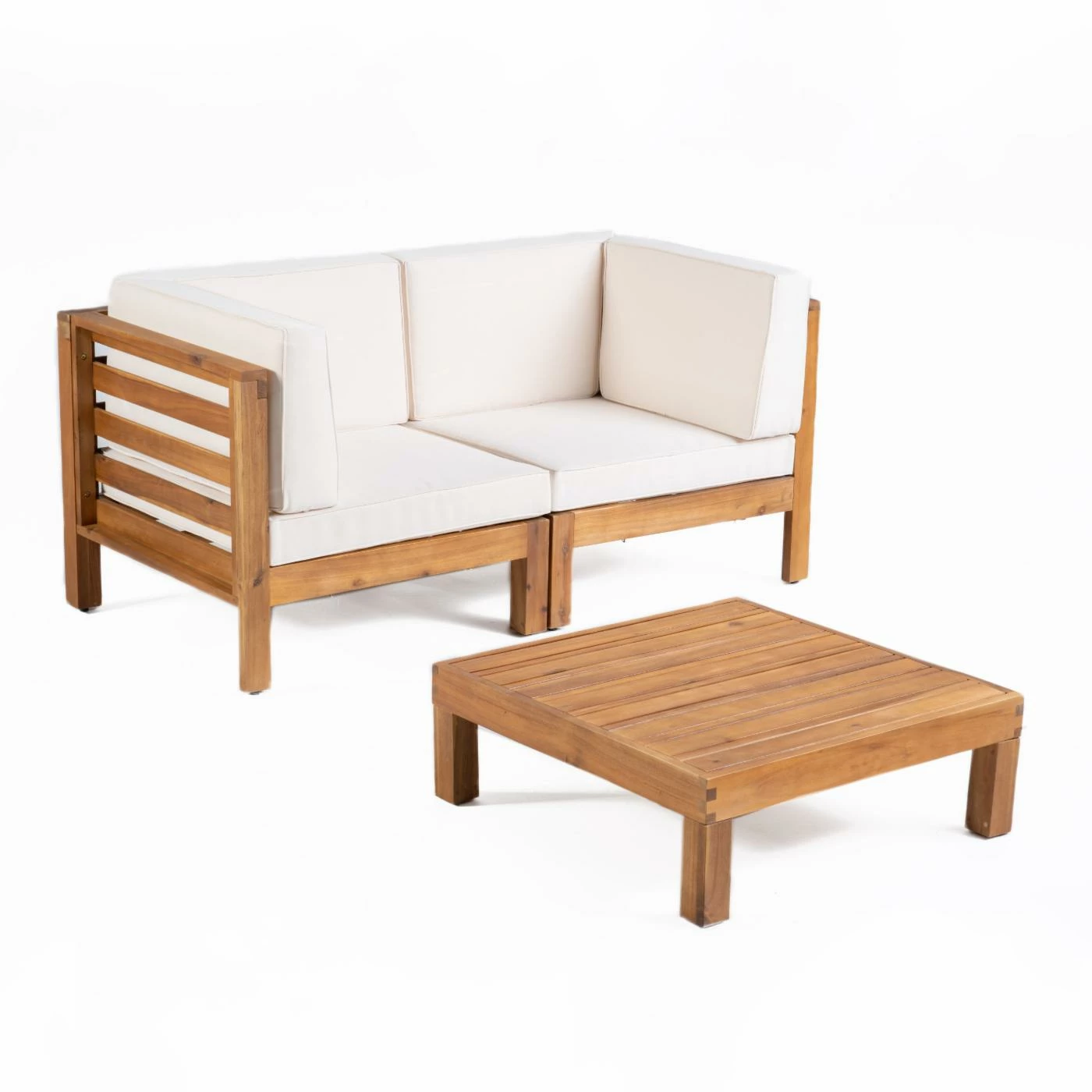 Discount ๐ฅ Best Selling Home Decor Wood Patio Sets Athos Outdoor Modular Acacia Wood Loveseat And Table Set - Teak And Beige ๐ฅฐ