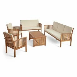 New ๐ Best Selling Home Decor Wood Patio Sets Safari Outdoor Acacia Wood 7 Seater Sofa Chat Set With Cushions - Teak And Cream ๐งจ