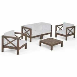 Cheapest 👏 Best Selling Home Decor Wood Patio Sets Riti Outdoor Acacia Wood 4 Seater Loveseat Chat Set - Gray And White ✔️
