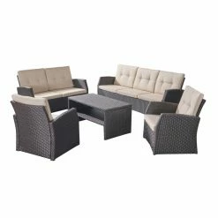 Discount โค๏ธ Best Selling Home Decor Resin Wicker Patio Sets Caelyn Outdoor Wicker 7 Seater Chat Set With Tufted Cushions - Beige And Dark Brown ๐