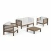Promo 🎁 Best Selling Home Decor Wood Patio Sets Athos Outdoor Acacia Wood 4 Seater Chat Set With Cushions - Gray And White 🎉