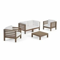 Promo 🎁 Best Selling Home Decor Wood Patio Sets Athos Outdoor Acacia Wood 4 Seater Chat Set With Cushions - Gray And White 🎉