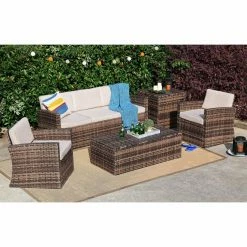 Coupon 👍 Resin Wicker Patio Sets Baner Garden Rattan 5 Piece Patio Conversation Set 🔥