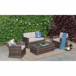 Best deal 🛒 Resin Wicker Patio Sets Baner Garden Rattan 4 Piece Patio Conversation Set 🎉