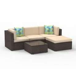 Best deal 🎁 Resin Wicker Patio Sets Cloud Mountain Sectional Sofa 5 Piece Resin Wicker Patio Conversation Set 🧨