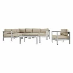 Promo 🛒 Aluminum Patio Sets Modway Shore Aluminum 6 Piece Commercial Patio Sectional Sofa Set 💯