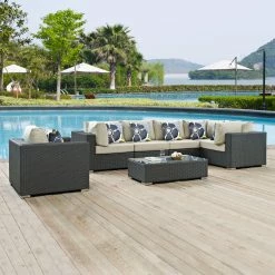 Budget 👏 Resin Wicker Patio Sets Modway Sojourn 7 Piece Sunbrella Outdoor Patio Sectional Conversation Set 👏