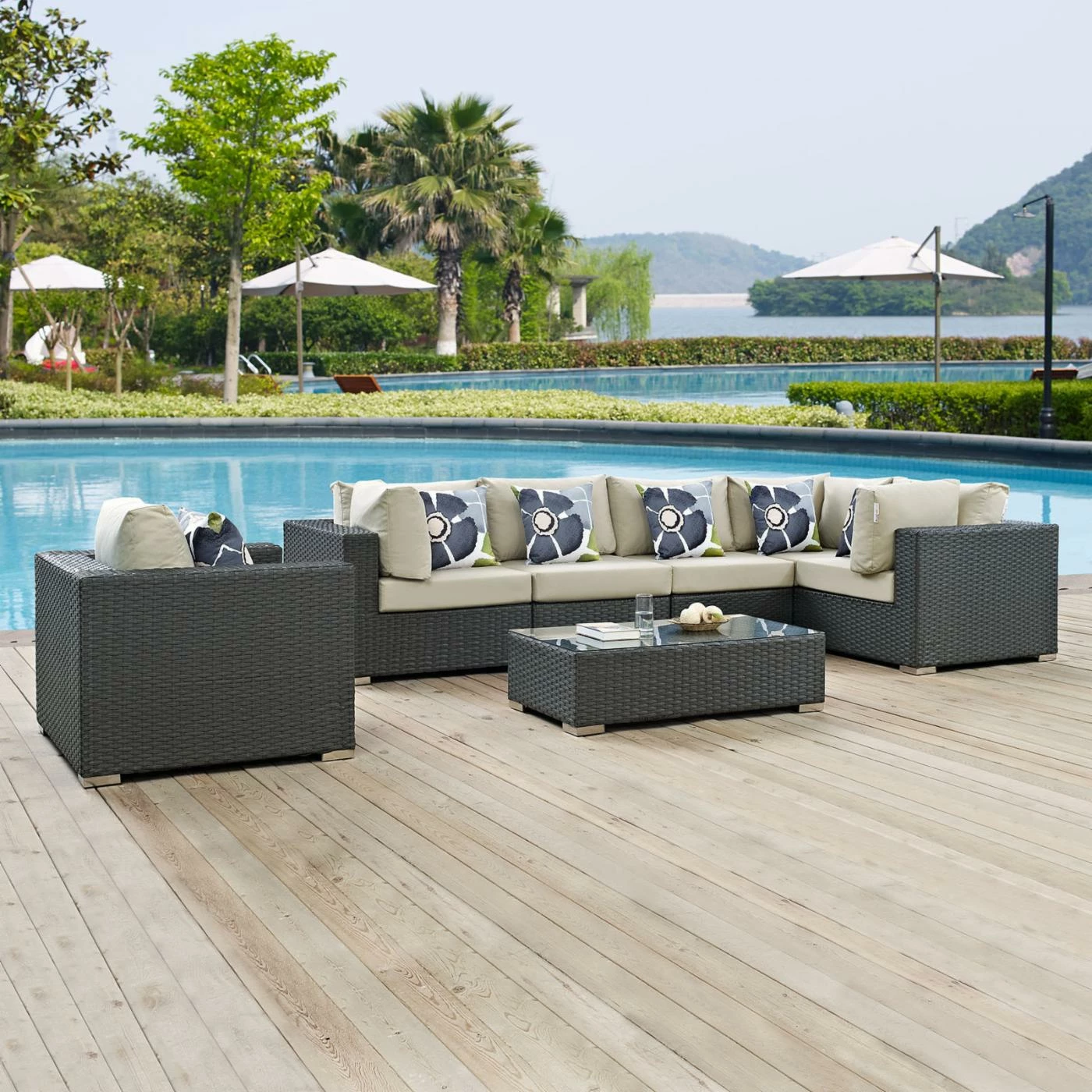 Budget ๐ Resin Wicker Patio Sets Modway Sojourn 7 Piece Sunbrella Outdoor Patio Sectional Conversation Set ๐