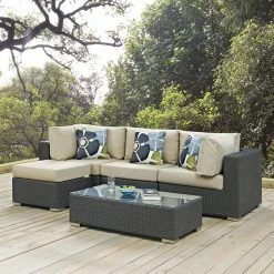 Outlet ❤️ Resin Wicker Patio Sets Modway Sojourn 5 Piece Sunbrella Outdoor Patio Loveseat Conversation Set 🎁