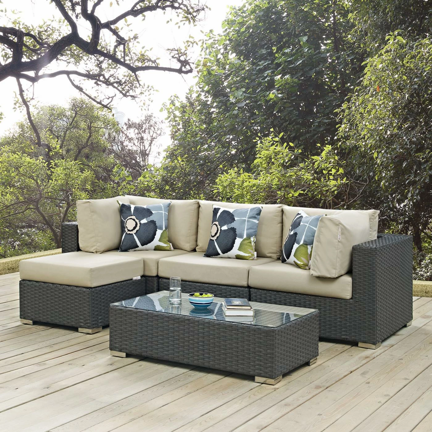 Outlet ❤️ Resin Wicker Patio Sets Modway Sojourn 5 Piece Sunbrella Outdoor Patio Loveseat Conversation Set 🎁