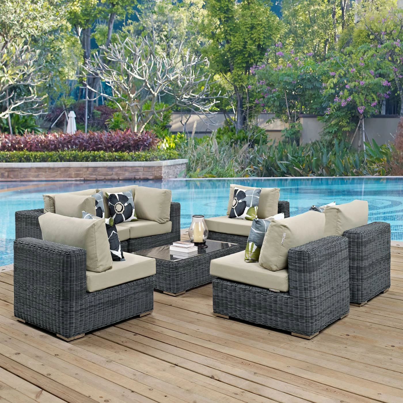 Cheapest ๐ Resin Wicker Patio Sets Modway Summon 7 Piece Sunbrella Outdoor Patio Conversation Set โ
