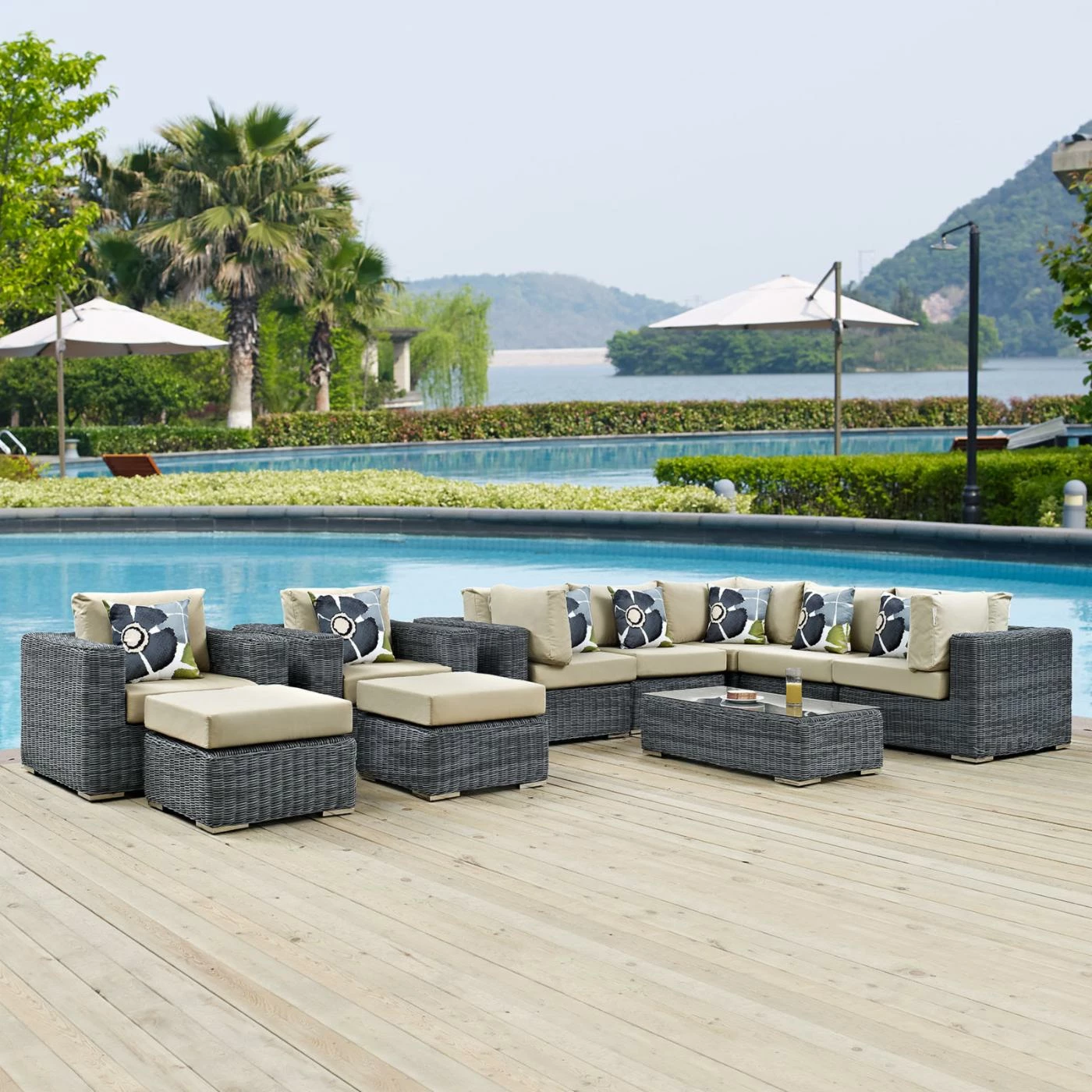 Discount 🔥 Resin Wicker Patio Sets Modway Summon 10 Piece Sunbrella Outdoor Patio Sectional Conversation Set ⭐