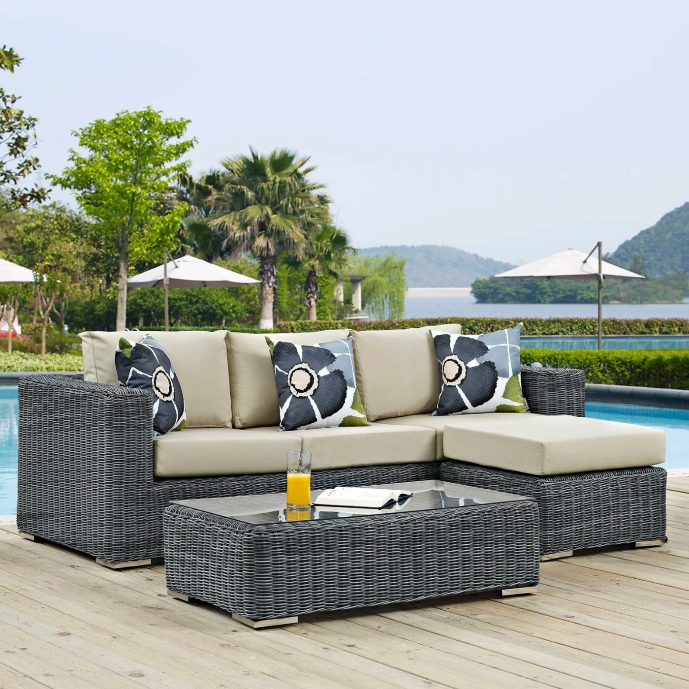 Promo 🔔 Resin Wicker Patio Sets Modway Summon 3 Piece Sunbrella Outdoor Patio Conversation Set 😍