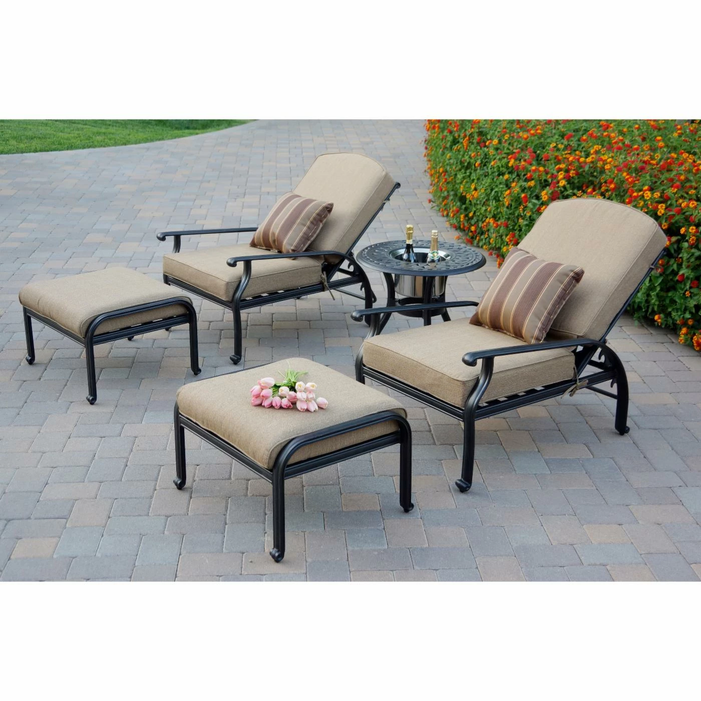 Outlet ๐ฅ Aluminum Patio Sets Darlee Nassau 5 Piece Adjustable Club Chair And Ottoman Conversation Set With Ice Bucket Side Table ๐ฅฐ