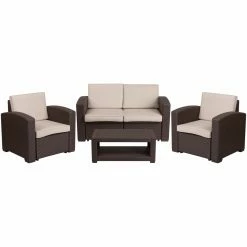 Brand new ๐ฅ Resin Wicker Patio Sets Flash Furniture Seneca 4 Piece Loveseat And Chairs Outdoor Faux Rattan Conversation Set ๐